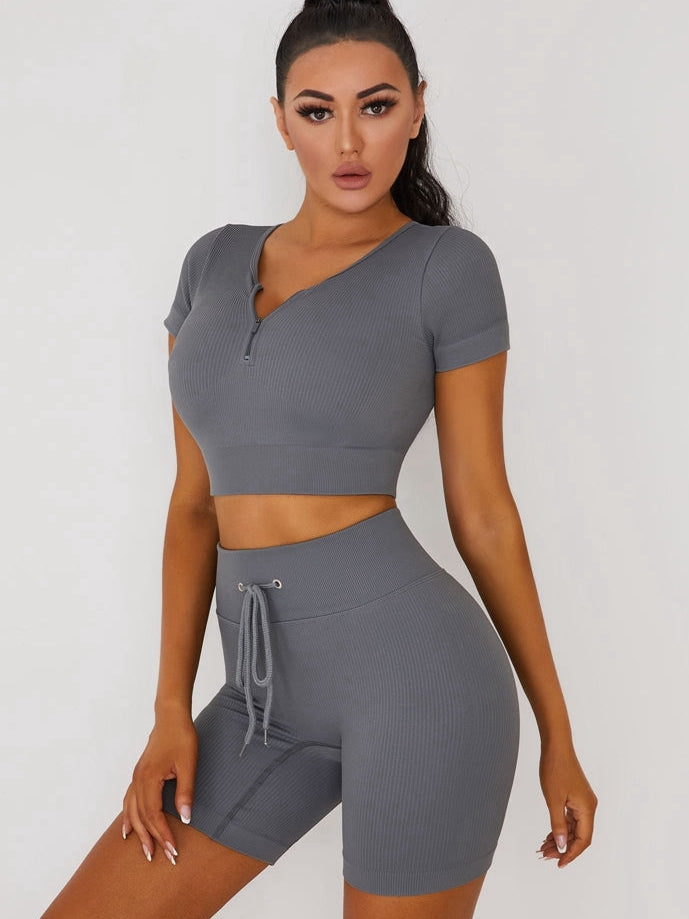 BUYCO Female Knitted Chest Zipper Drawstring Ribbed Short Tracksuit