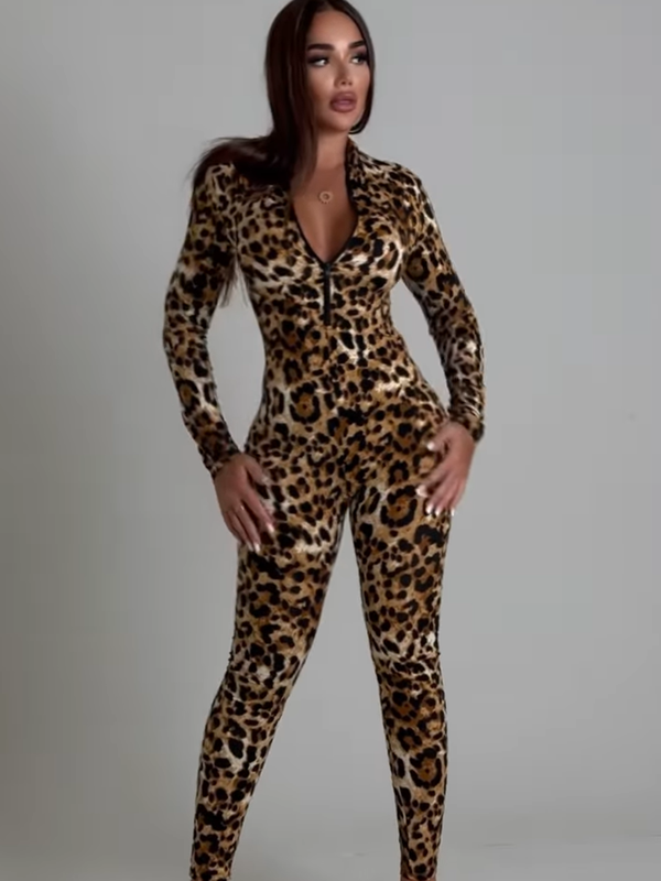 BUYCO Female Fashion Leopard Print Zipper Jumpsuit