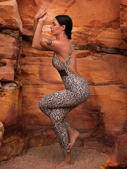 BUYCO Female Fitted Fishnet Snake Print Backless Jumpsuits
