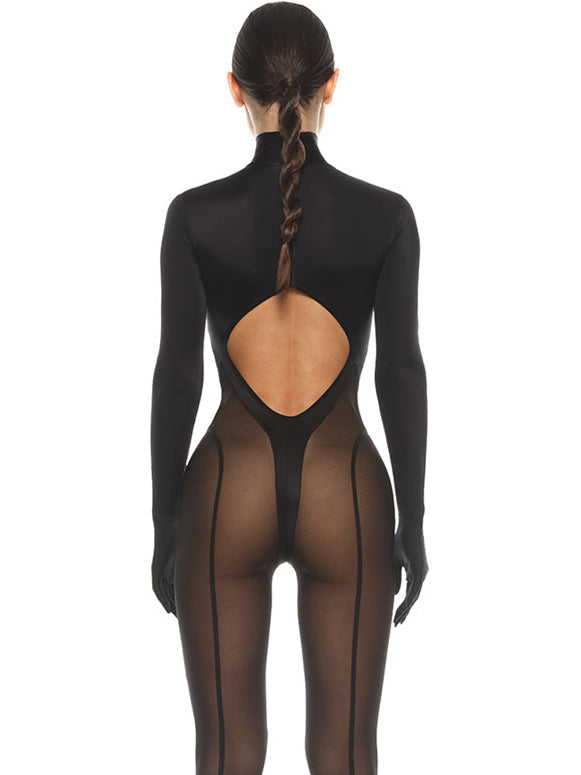 BUYCO Female Unique Cutout Super Mesh Zipper Fit Jumpsuit