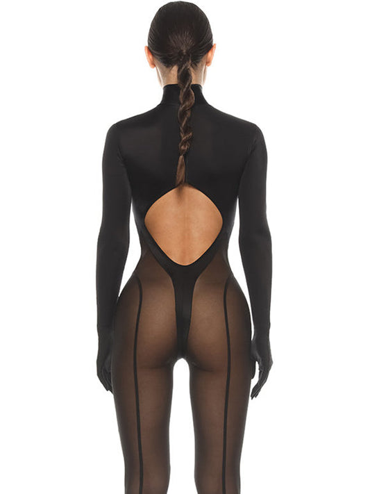 BUYCO Female Unique Cutout Super Mesh Zipper Fit Jumpsuit