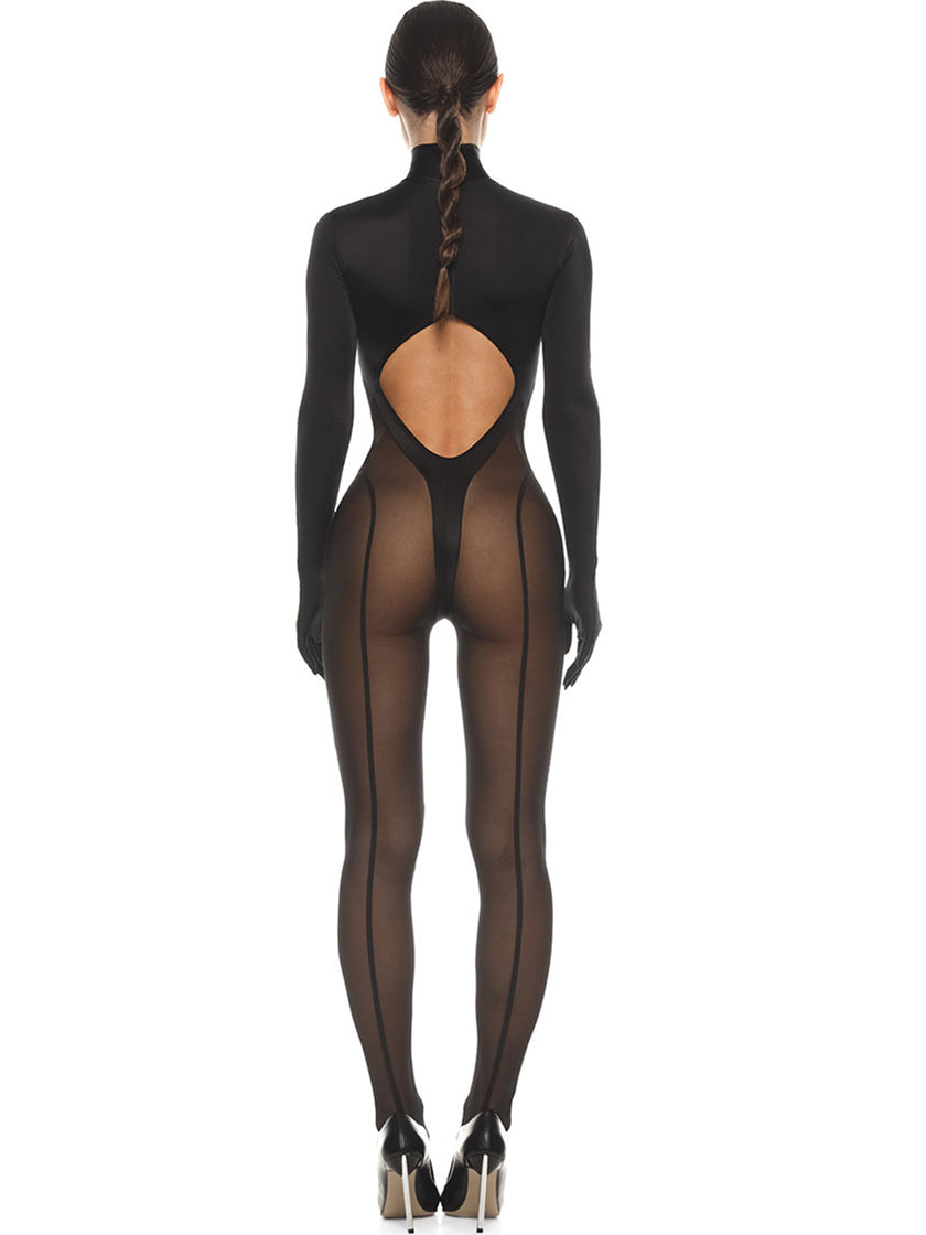 BUYCO Female Unique Cutout Super Mesh Zipper Fit Jumpsuit