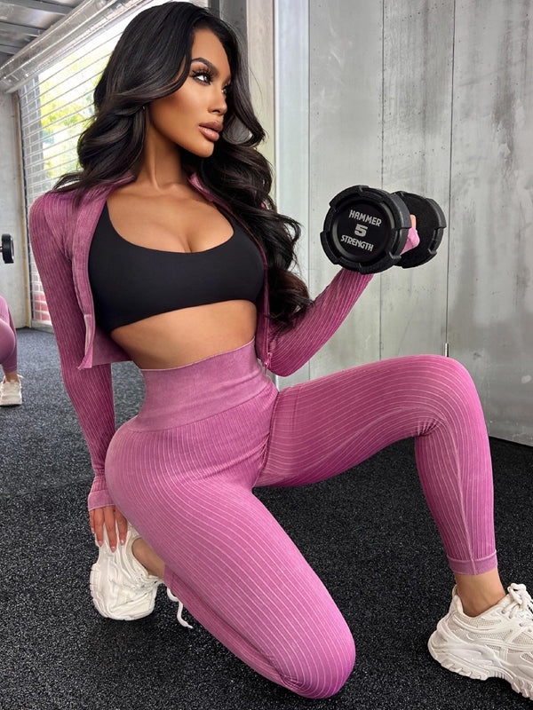 BUYCO Female Ribbed Zipper Fitness Tracksuit