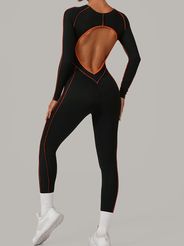 BUYCO Female Fitted Backless Contrast Color Stripes Jumpsuit