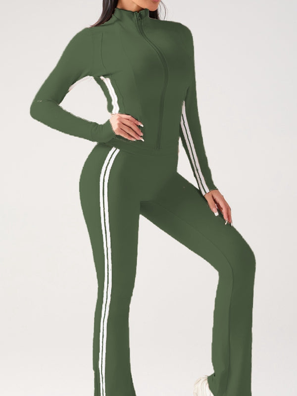 BUYCO Female Contrast Color Stripes Zipper High-rise Flare Tracksuit