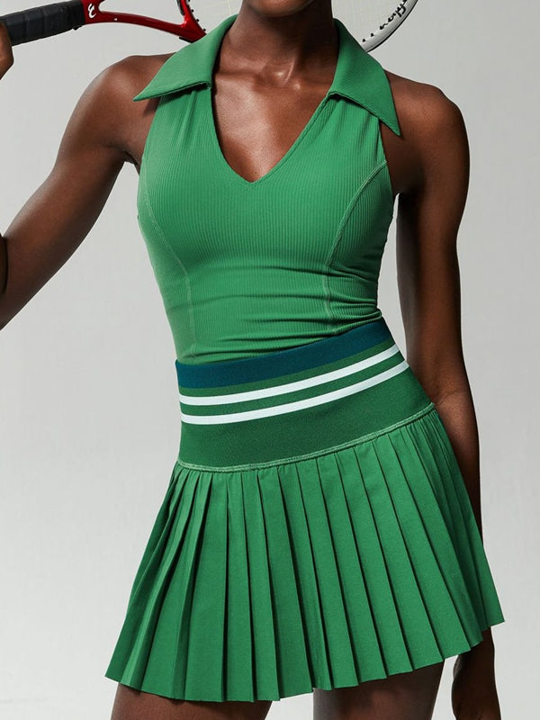 BUYCO Female V-Collar Pleated 2 In 1 Tennis Skirts Suit