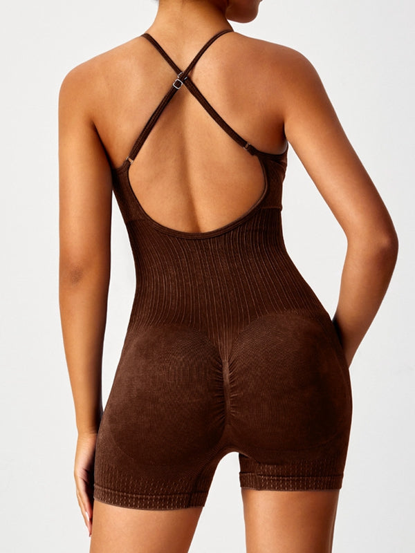 BUYCO Female Denim Cross Back Hollow Out Frosted Nude Sensation Backless Romper