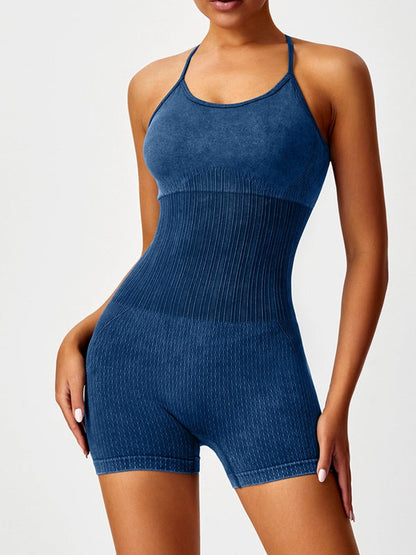 BUYCO Female Denim Cross Back Hollow Out Frosted Nude Sensation Backless Romper