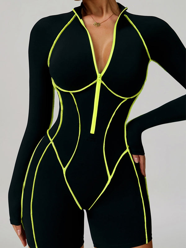 BUYCO Female Fitted Backless Zipper Contrast Color Stripes Stitch Performance Jumpsuit
