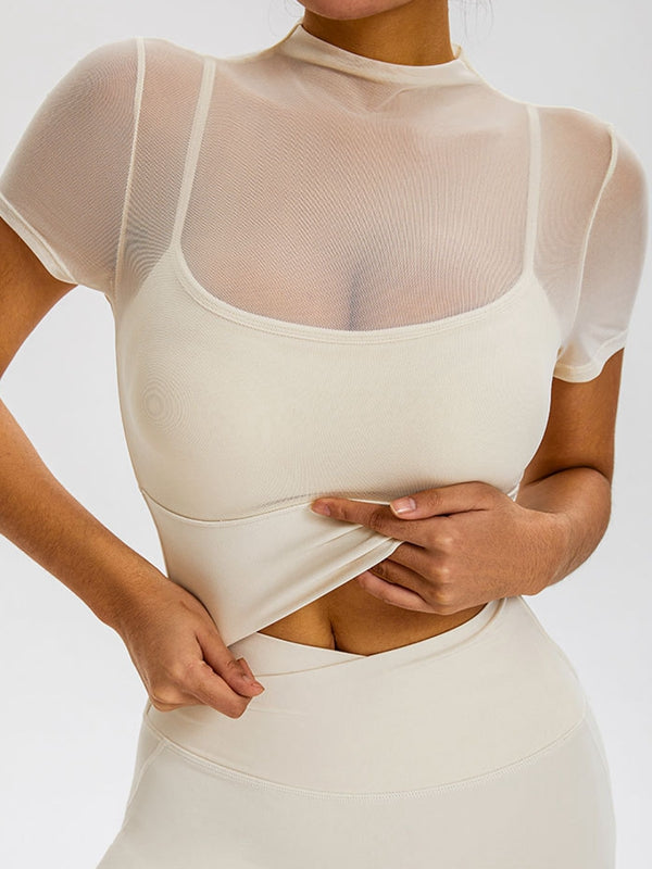BUYCO Female Fitted Sheer Mesh Cropped Short Sleeves