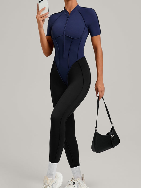 BUYCO Female Contrast Color Backless Stitch Zipper Jumpsuit