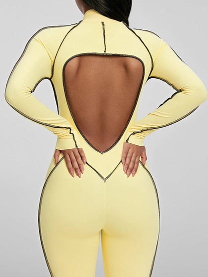 BUYCO Female Fitted Backless Zipper Contrast Color Stripes Jumpsuit
