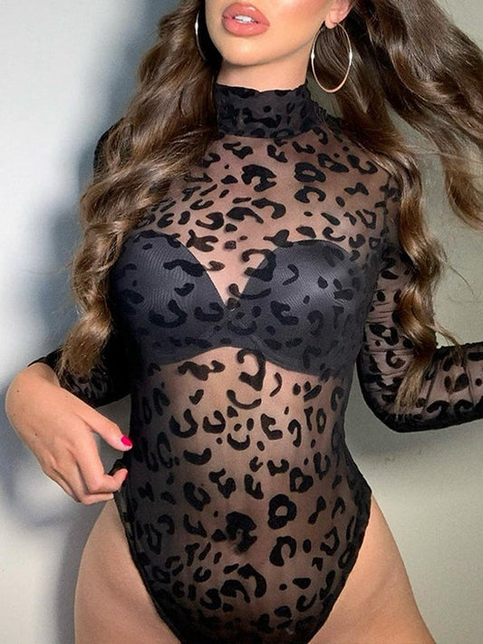 BUYCO Female Leopard Print Mesh Bodysuit