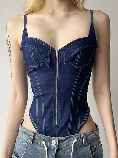 BUYCO Female Fitted Denim Zipper Push Elastic Tight Bodysuit