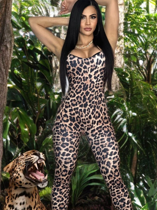 BUYCO Female Leopard Print U Collar Jumpsuit