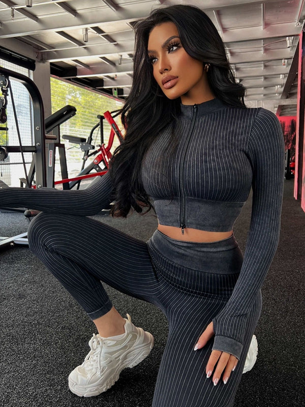 BUYCO Female Ribbed Zipper Fitness Tracksuit