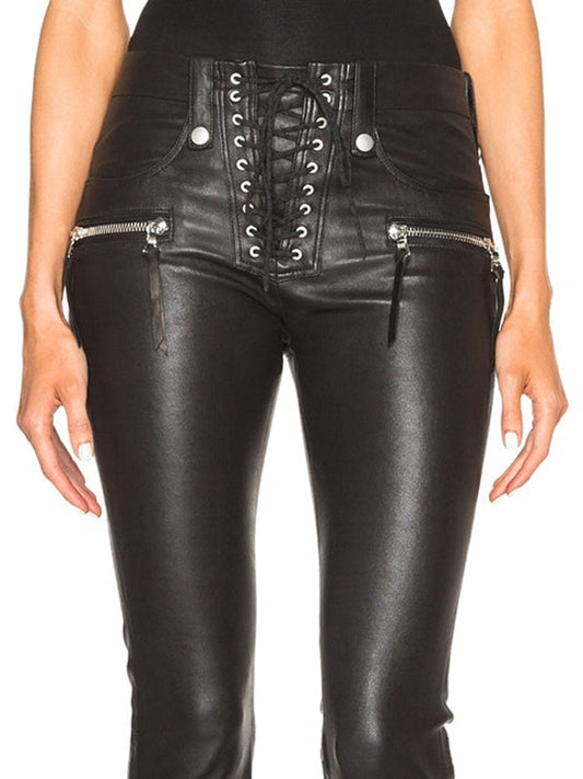 BUYCO Female Faux Leather Zipper Lace-up Flare Leggings