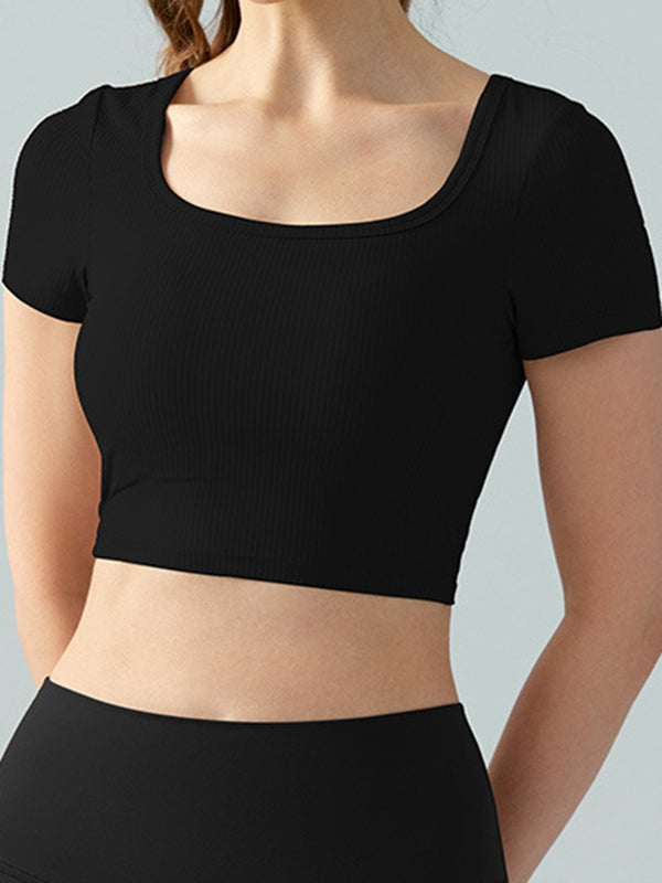 BUYCO Female Fitted Backless Ribbed Cropped Short Sleeves