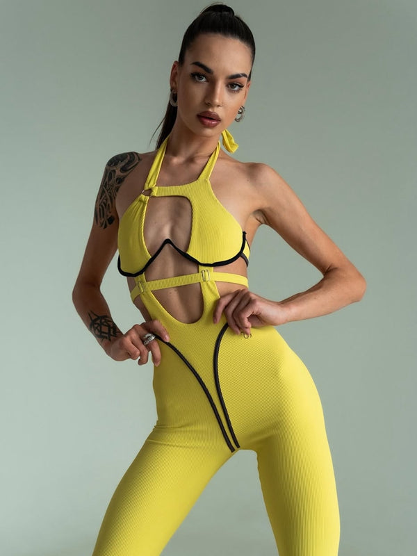 BUYCO Female Fitted Contrast Color Stripe Hollow Out Jumpsuit