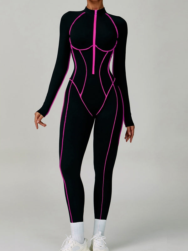 BUYCO Female Fitted Backless Zipper Contrast Color Stripes Stitch Performance Jumpsuit