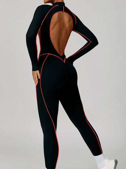 BUYCO Female Fitted Backless Zipper Contrast Color Stripes Stitch Performance Jumpsuit