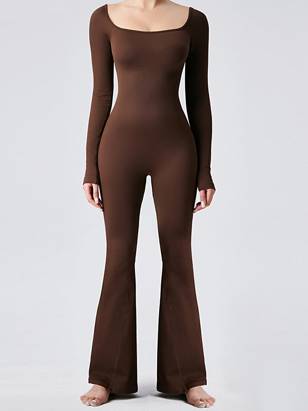 BUYCO Female Ribbed U Collar Flare Jumpsuit