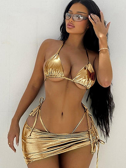 BUYCO Female Glossy PU 3-Pieces Bikini Set