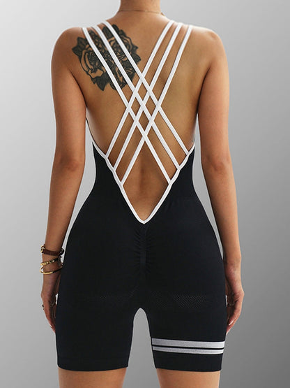 BUYCO Female Contrast Color Stripes Cross Back Deep V Back Ruched Back Short Romper