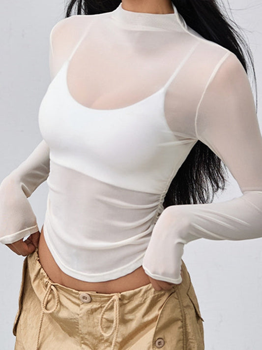 BUYCO Female Solid Color Sheer Mesh Long Sleeves