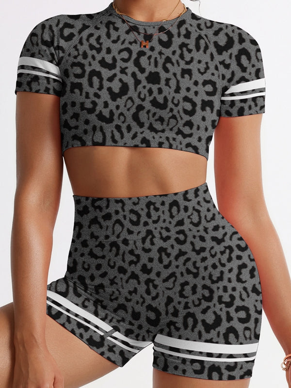 BUYCO Female Leopard Print Stripes Deep V Back Short Tracksuit