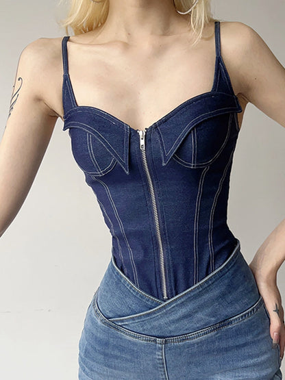 BUYCO Female Fitted Denim Zipper Push Elastic Tight Bodysuit