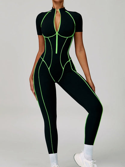 BUYCO Female Fitted Backless Zipper Contrast Color Stripes Stitch Performance Jumpsuit
