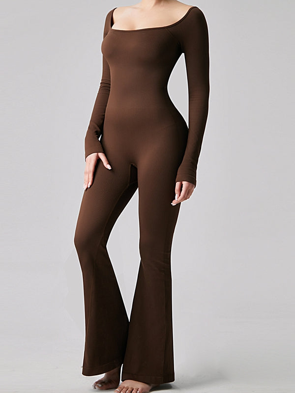 BUYCO Female Ribbed U Collar Flare Jumpsuit