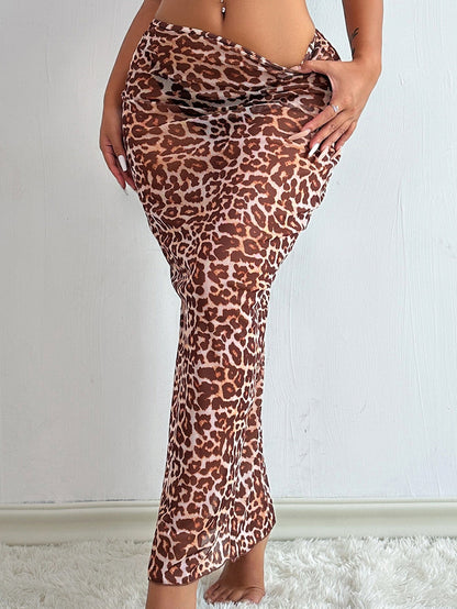 BUYCO Female Fitted Sheer Mesh Leopard Print Without Bikini Set Swimwear Cover Dress