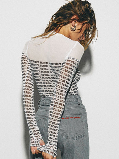 BUYCO Female Letters Print Mesh Bodysuit