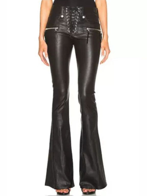 BUYCO Female Faux Leather Zipper Lace-up Flare Leggings