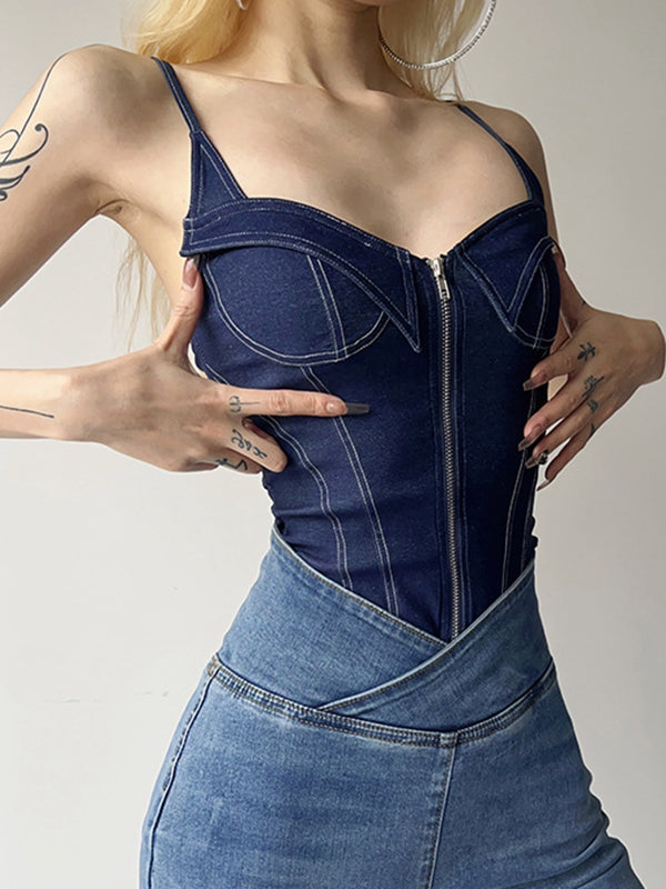BUYCO Female Fitted Denim Zipper Push Elastic Tight Bodysuit