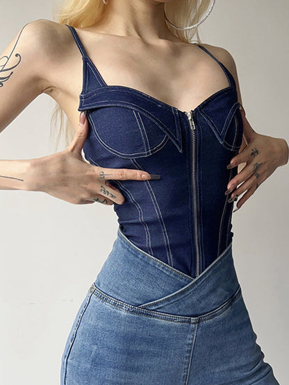 BUYCO Female Fitted Denim Zipper Push Elastic Tight Bodysuit