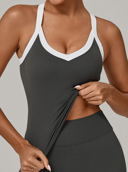 BUYCO Female Contrast Color Stripe Herat-shape Collar Tank
