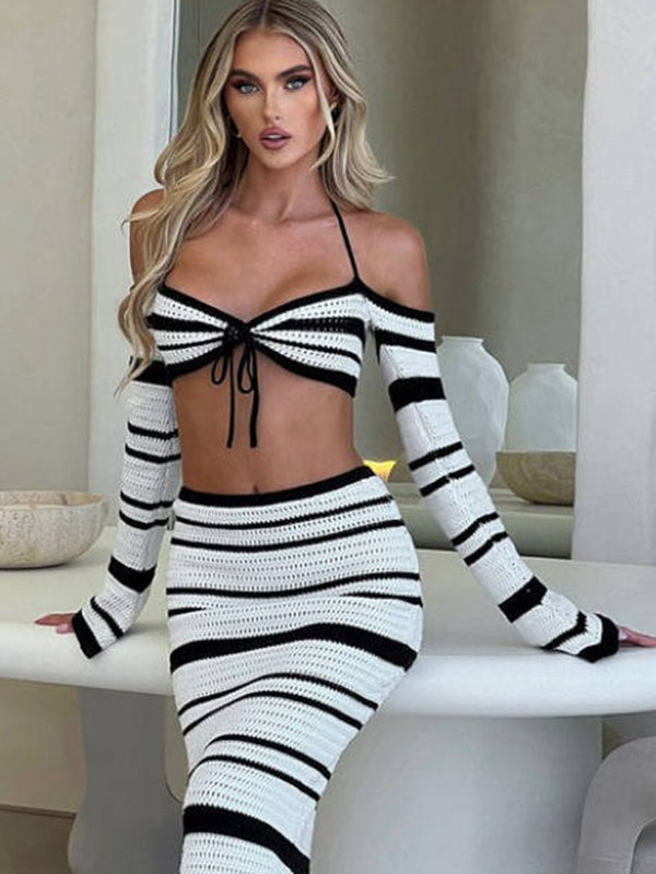 BUYCO Female Fitted Fishnet Stripes 2-Pieces Cover-up Without Bikini