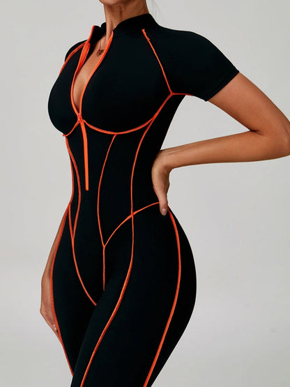 BUYCO Female Fitted Backless Zipper Contrast Color Stripes Stitch Performance Jumpsuit
