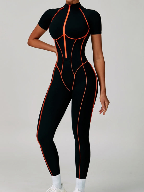 BUYCO Female Fitted Backless Zipper Contrast Color Stripes Stitch Performance Jumpsuit