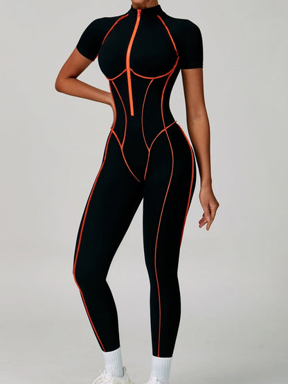 BUYCO Female Fitted Backless Zipper Contrast Color Stripes Stitch Performance Jumpsuit