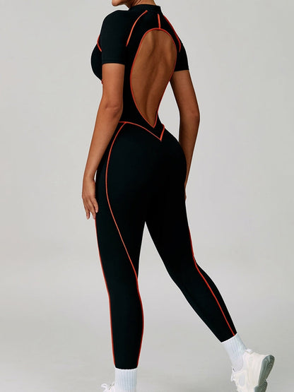 BUYCO Female Fitted Backless Zipper Contrast Color Stripes Stitch Performance Jumpsuit