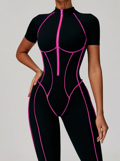 BUYCO Female Fitted Backless Zipper Contrast Color Stripes Stitch Performance Jumpsuit