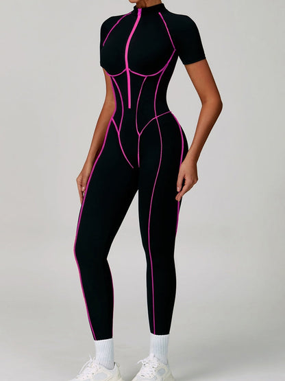 BUYCO Female Fitted Backless Zipper Contrast Color Stripes Stitch Performance Jumpsuit