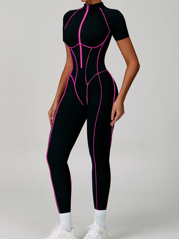 BUYCO Female Fitted Backless Zipper Contrast Color Stripes Stitch Performance Jumpsuit