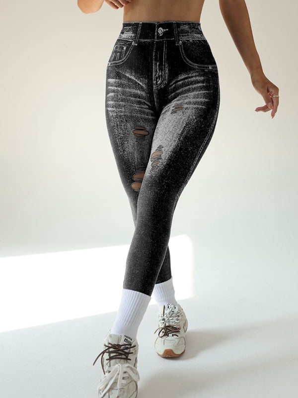 BUYCO Female Denim Pocket Hollow Out Leggings