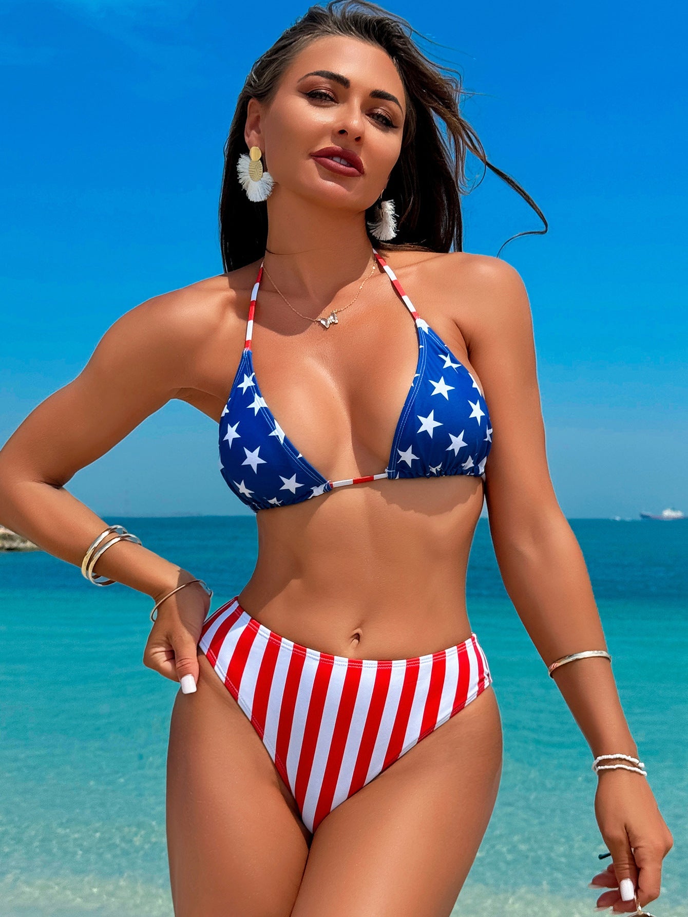 BUYCO Female Fitted Flags Print Beach Bikini Set