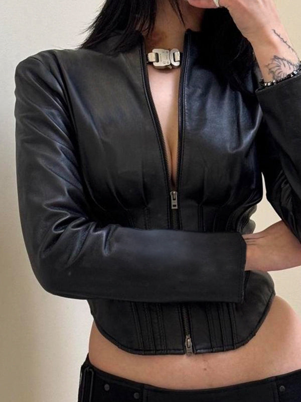 BUYCO Female Faux Leather Corset Zipper Jacket